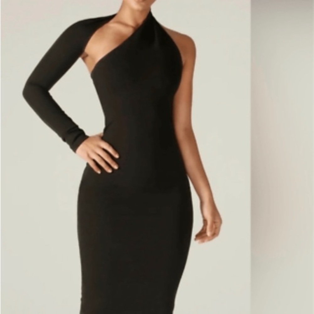 Alieva Dasha Black Modern One Shoulder Evening MIDI Dress
